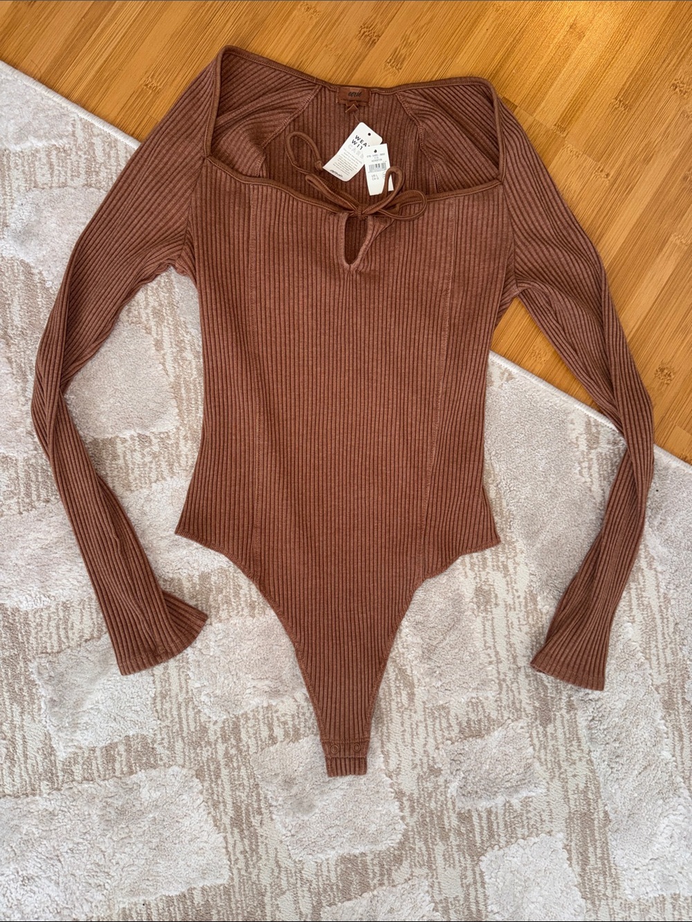 aerie Ribbed Long-Sleeve Square-Neck Bodysuit - Brown
